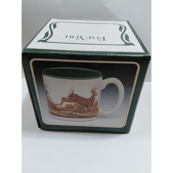 Vintage NOB 1990 Potpourri Press Leaping Deer Mug 11 Oz Green & White Ceramic - Picture 5 of 9